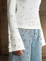 Isabella Pearl Embellished Flared Sleeve Knit Elegant Sweater