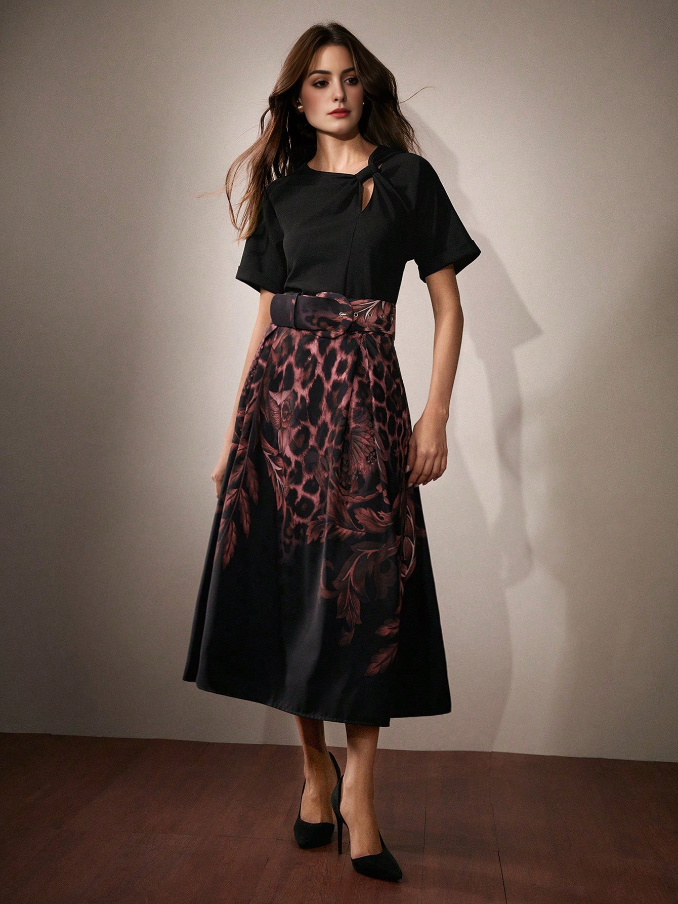 Isabella Elegant Floral & Leopard Print Waist Tie A-Line Skirt