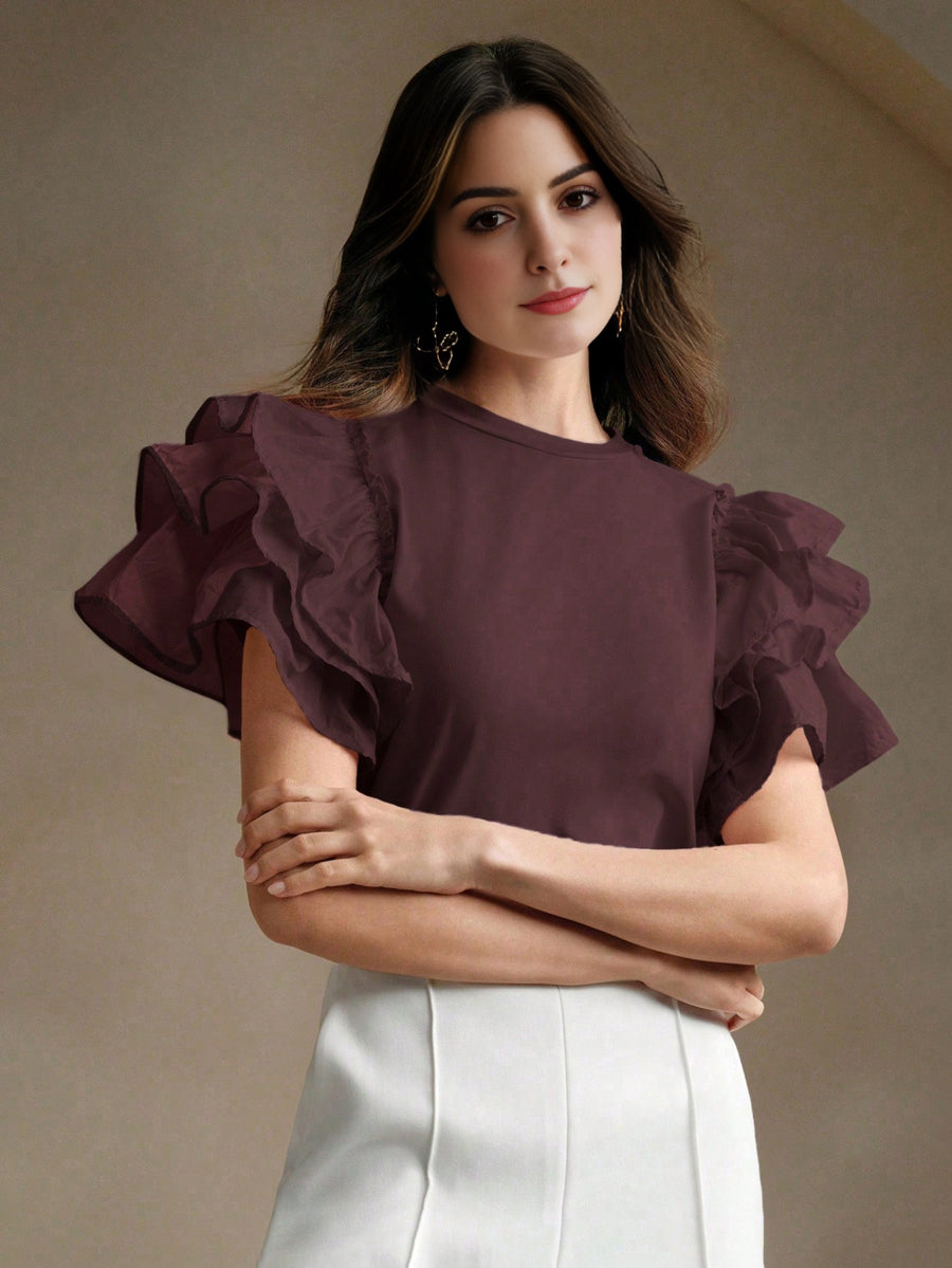 Isabella Round Neck Puff Sleeve Ruffle Hem Splice Short Sleeve Casual Holiday T-Shirt