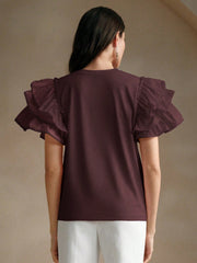 Isabella Round Neck Puff Sleeve Ruffle Hem Splice Short Sleeve Casual Holiday T-Shirt