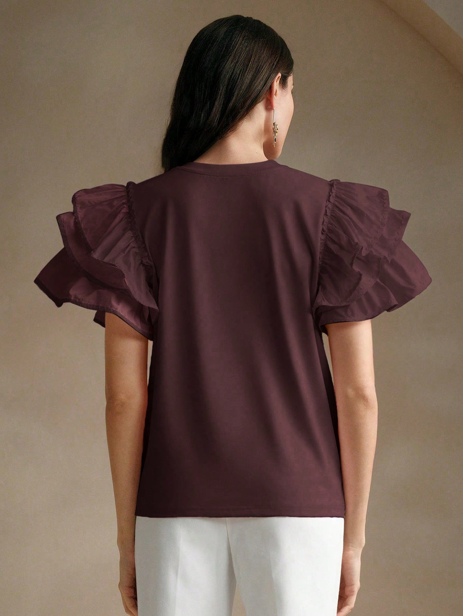 Isabella Round Neck Puff Sleeve Ruffle Hem Splice Short Sleeve Casual Holiday T-Shirt