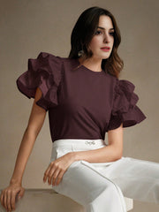 Isabella Round Neck Puff Sleeve Ruffle Hem Splice Short Sleeve Casual Holiday T-Shirt