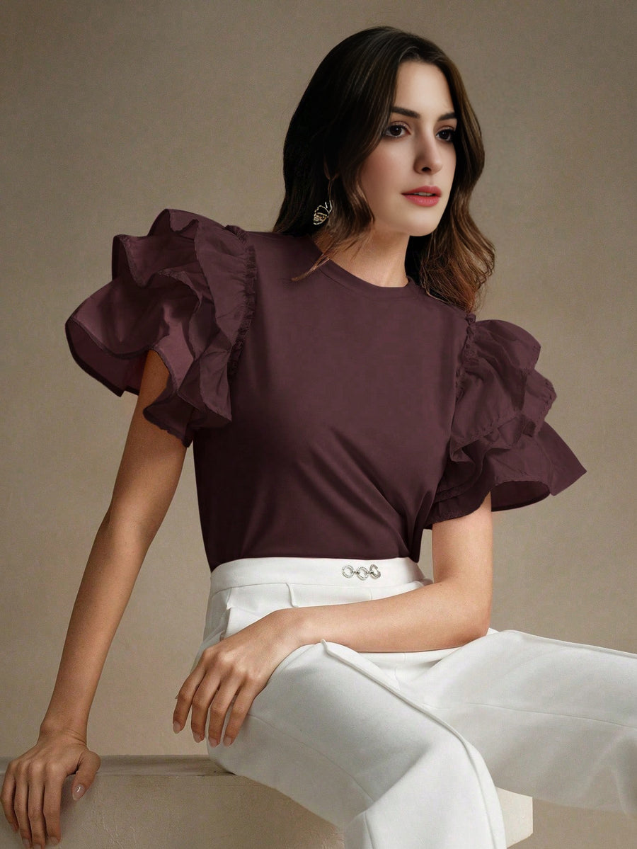 Isabella Round Neck Puff Sleeve Ruffle Hem Splice Short Sleeve Casual Holiday T-Shirt