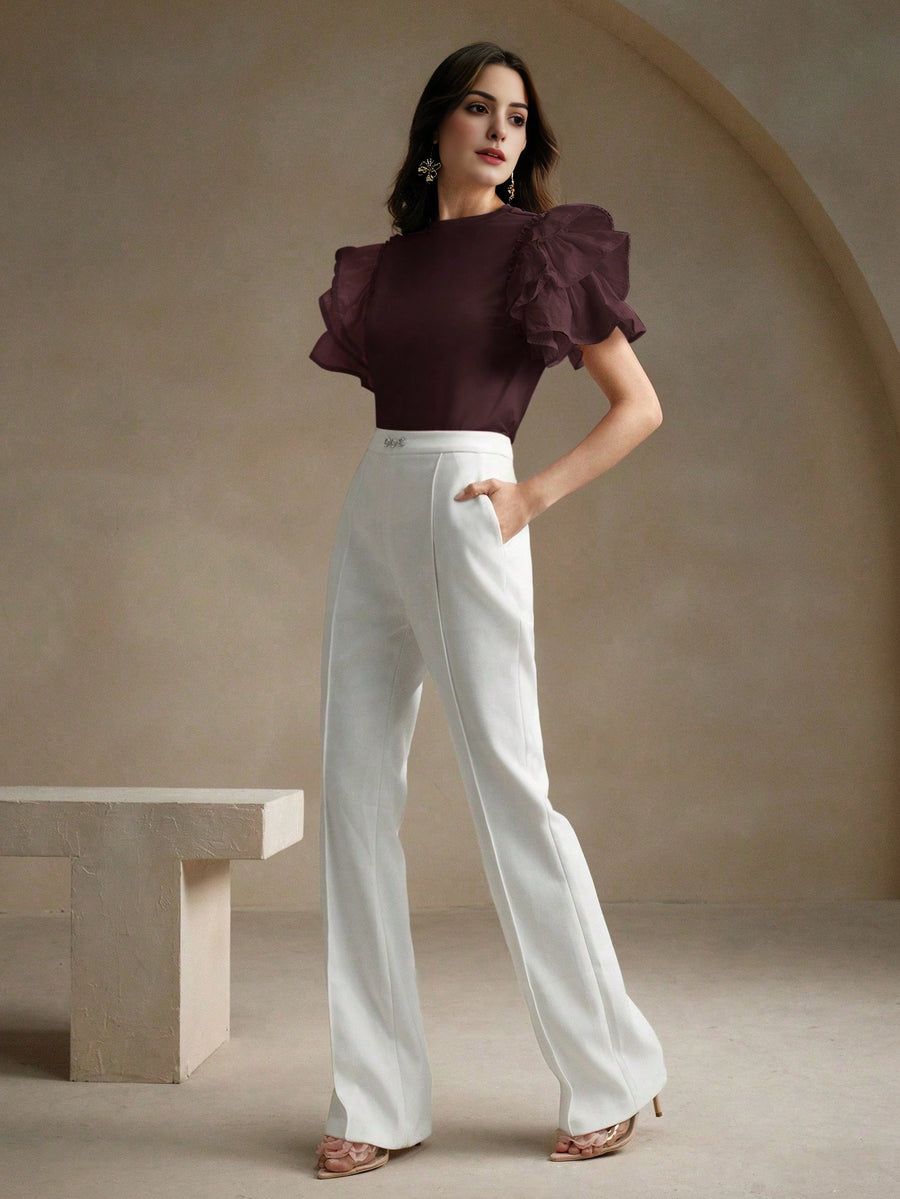 Isabella Round Neck Puff Sleeve Ruffle Hem Splice Short Sleeve Casual Holiday T-Shirt
