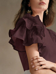 Isabella Round Neck Puff Sleeve Ruffle Hem Splice Short Sleeve Casual Holiday T-Shirt