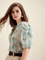 Isabella Women's Vacation Style Floral Printed Puff Sleeve Oversized Shirt With Lapel Collar