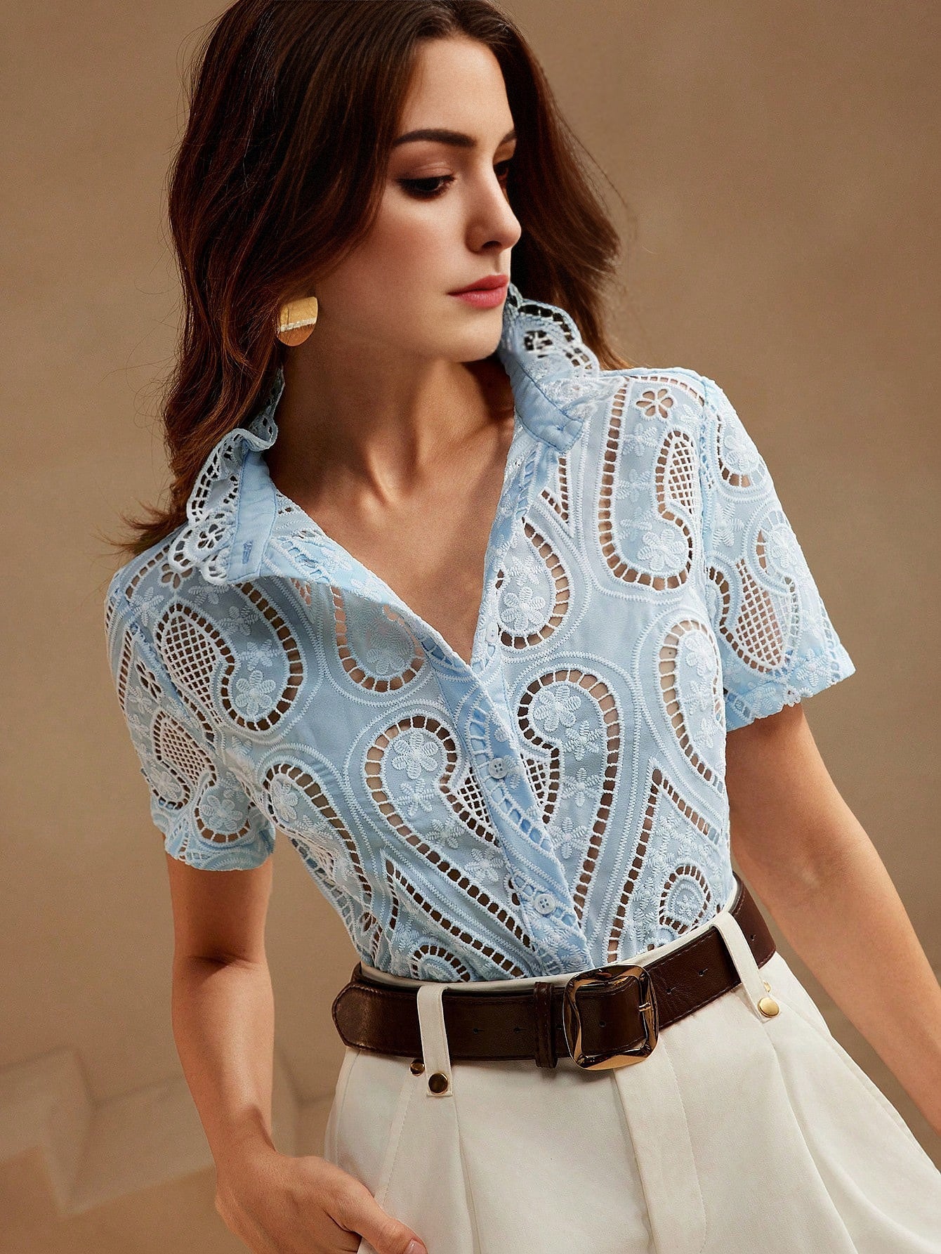Isabella Embroidery Blue Short Sleeve Blouse For Women