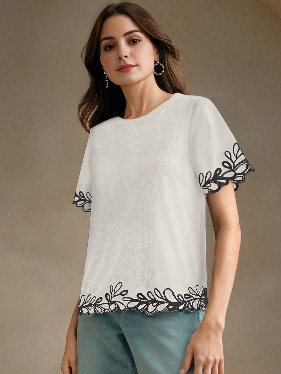 Isabella Embroidered Round Neck Short Sleeve Casual Vacation Blouse