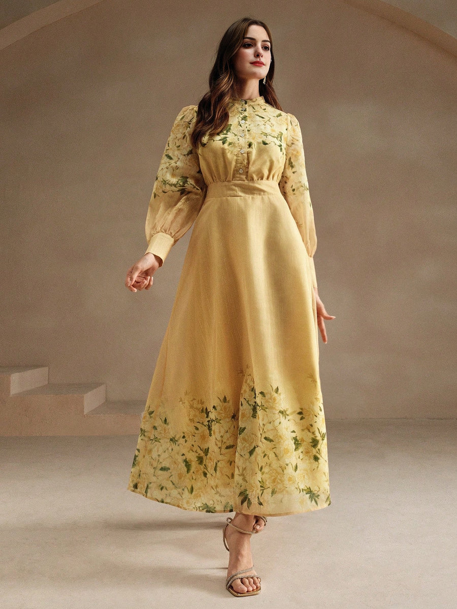 Isabella Mandarin Collar Lantern Sleeve Yellow Floral Print Elegant Vacation Dress