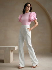 Isabella Round Neck Puff Sleeve Ruffle Hem Splice Short Sleeve Casual Holiday T-Shirt