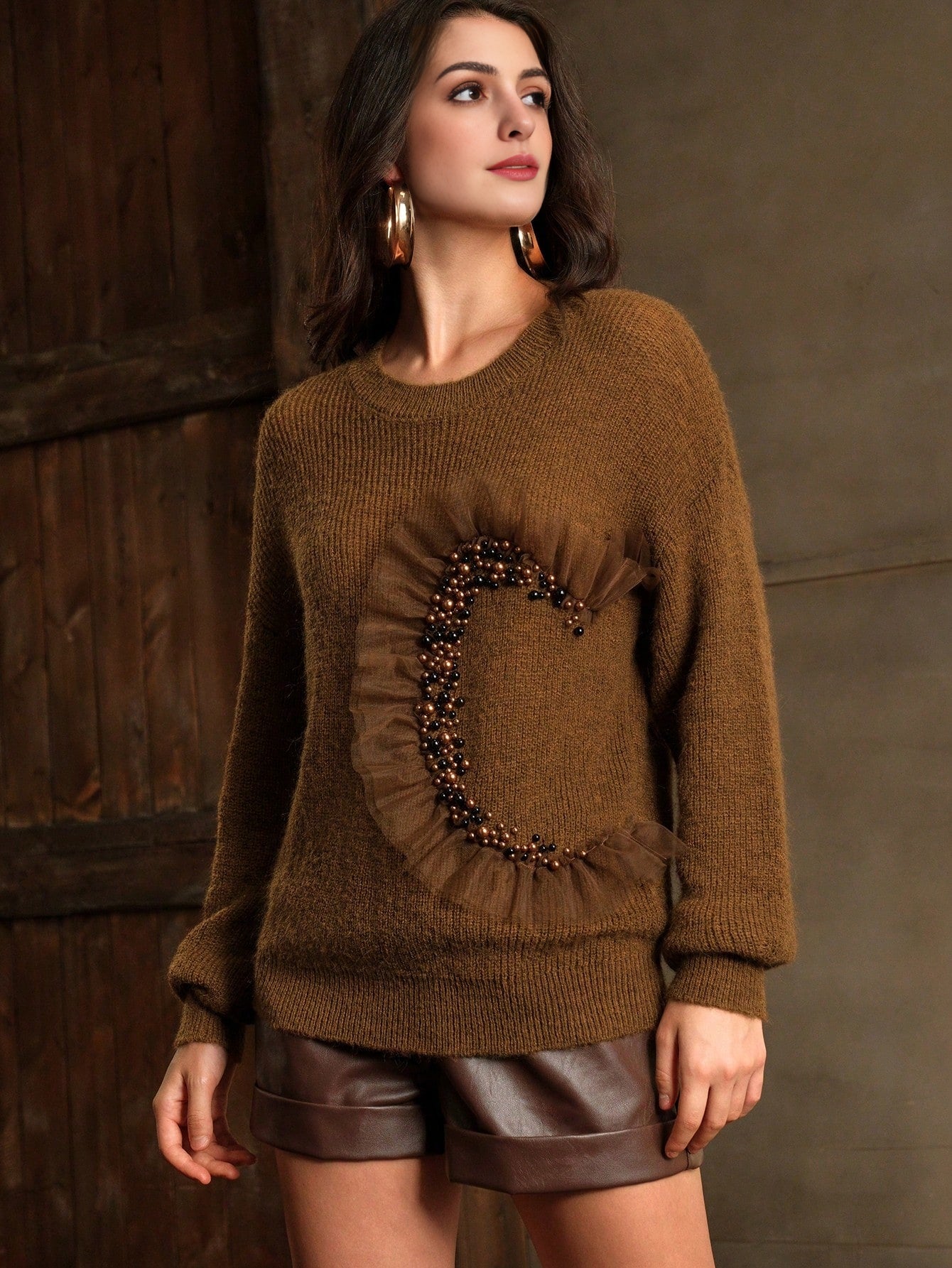 Isabella Net Mesh & Pearl Splice Premium Crew Neck Pullover Sweater