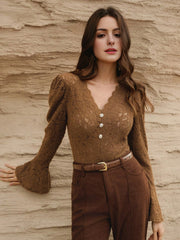 Isabella Sexy Hollow V-Neck Flare Sleeve Elegant Blouse