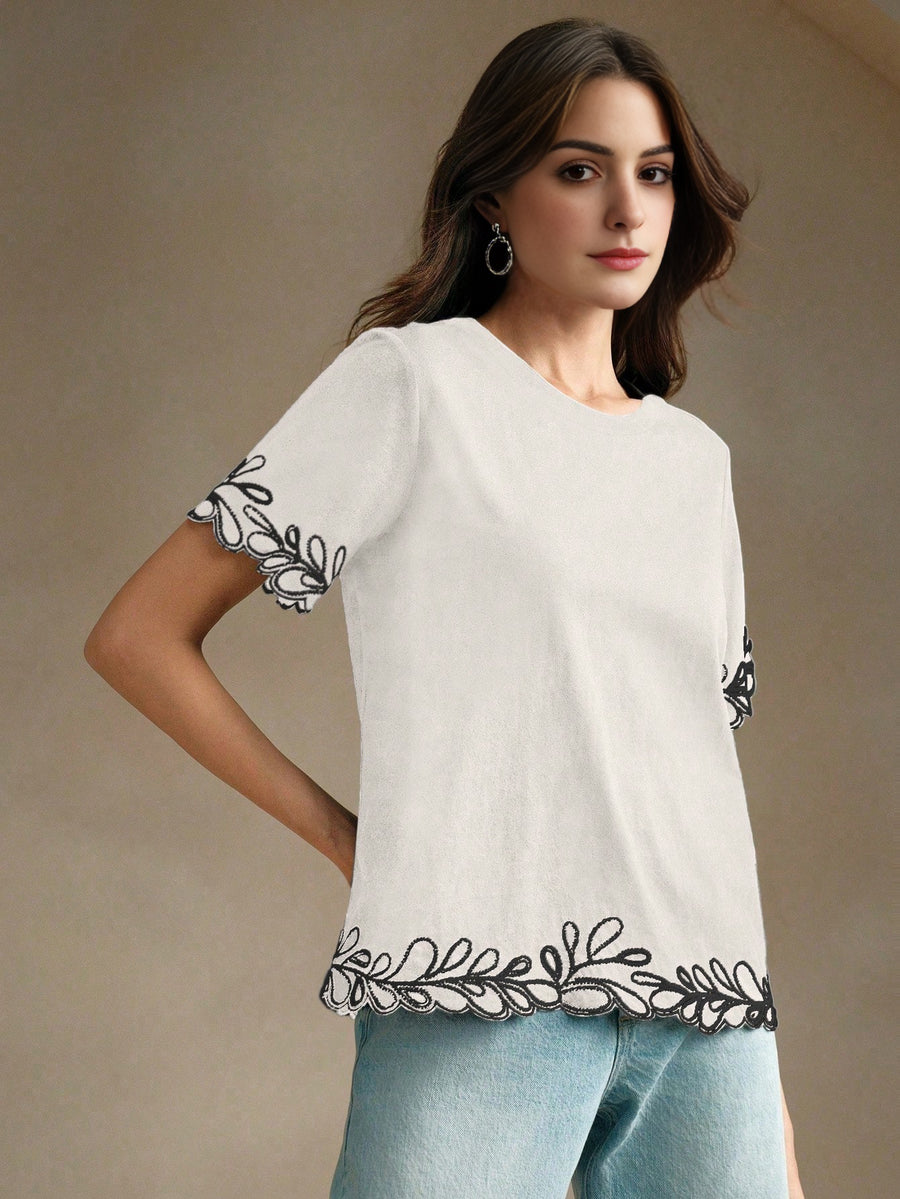 Isabella Embroidered Round Neck Short Sleeve Casual Vacation Blouse