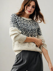 Isabella Retro Studded Floral Round Neck Sweater