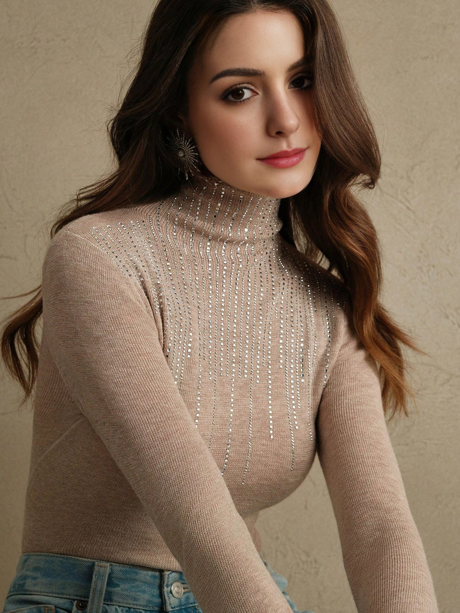 Isabella Embellished Rhinestone Half High Neck Blouse