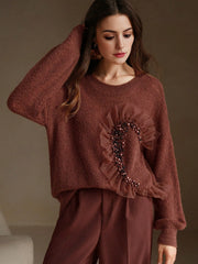 Isabella Net Mesh & Pearl Splice Premium Crew Neck Pullover Sweater