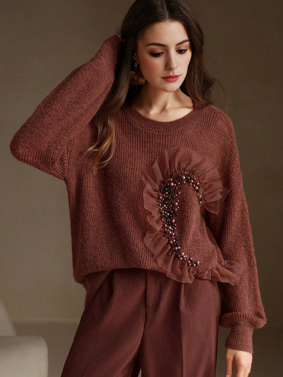 Isabella Net Mesh & Pearl Splice Premium Crew Neck Pullover Sweater