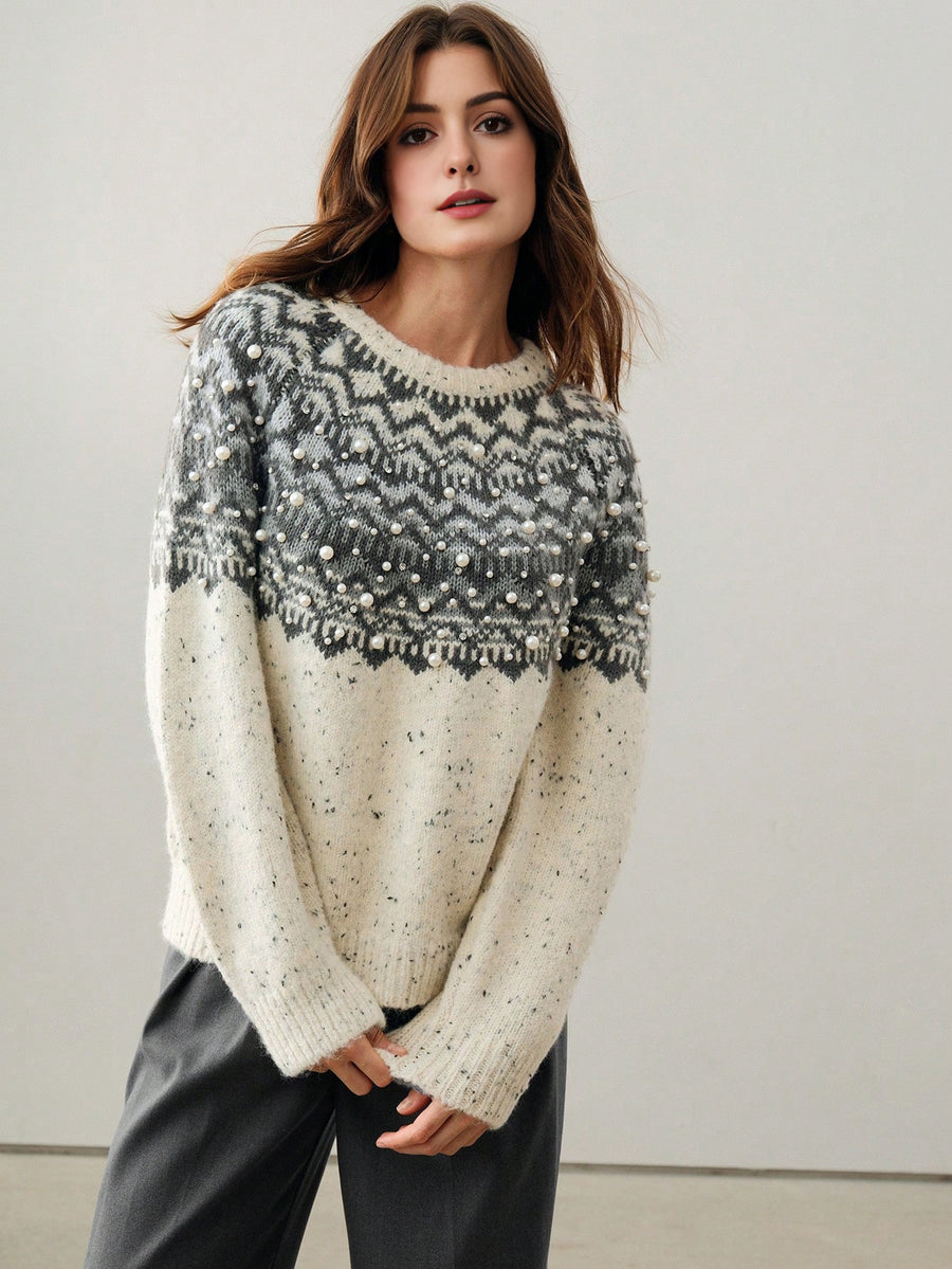 Isabella Retro Studded Floral Round Neck Sweater