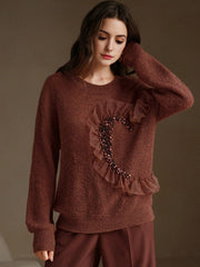 Isabella Net Mesh & Pearl Splice Premium Crew Neck Pullover Sweater