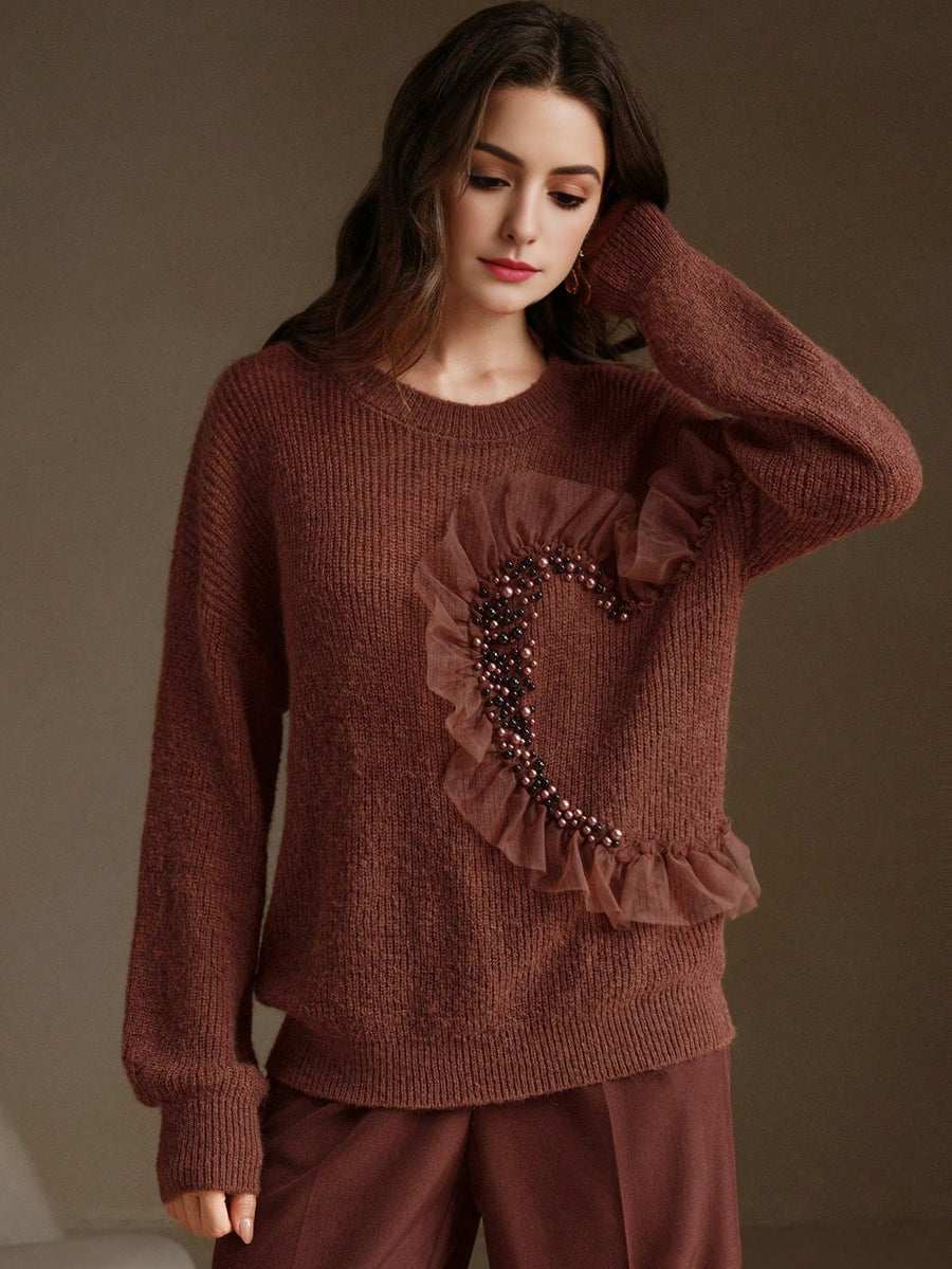 Isabella Net Mesh & Pearl Splice Premium Crew Neck Pullover Sweater