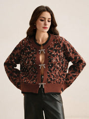 Isabella Stylish Bow Knot Rhinestone Vintage Leopard Knit Cardigan