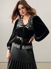 Isabella Early Autumn Elegant V-Neck Lantern Sleeve Velvet Blouse
