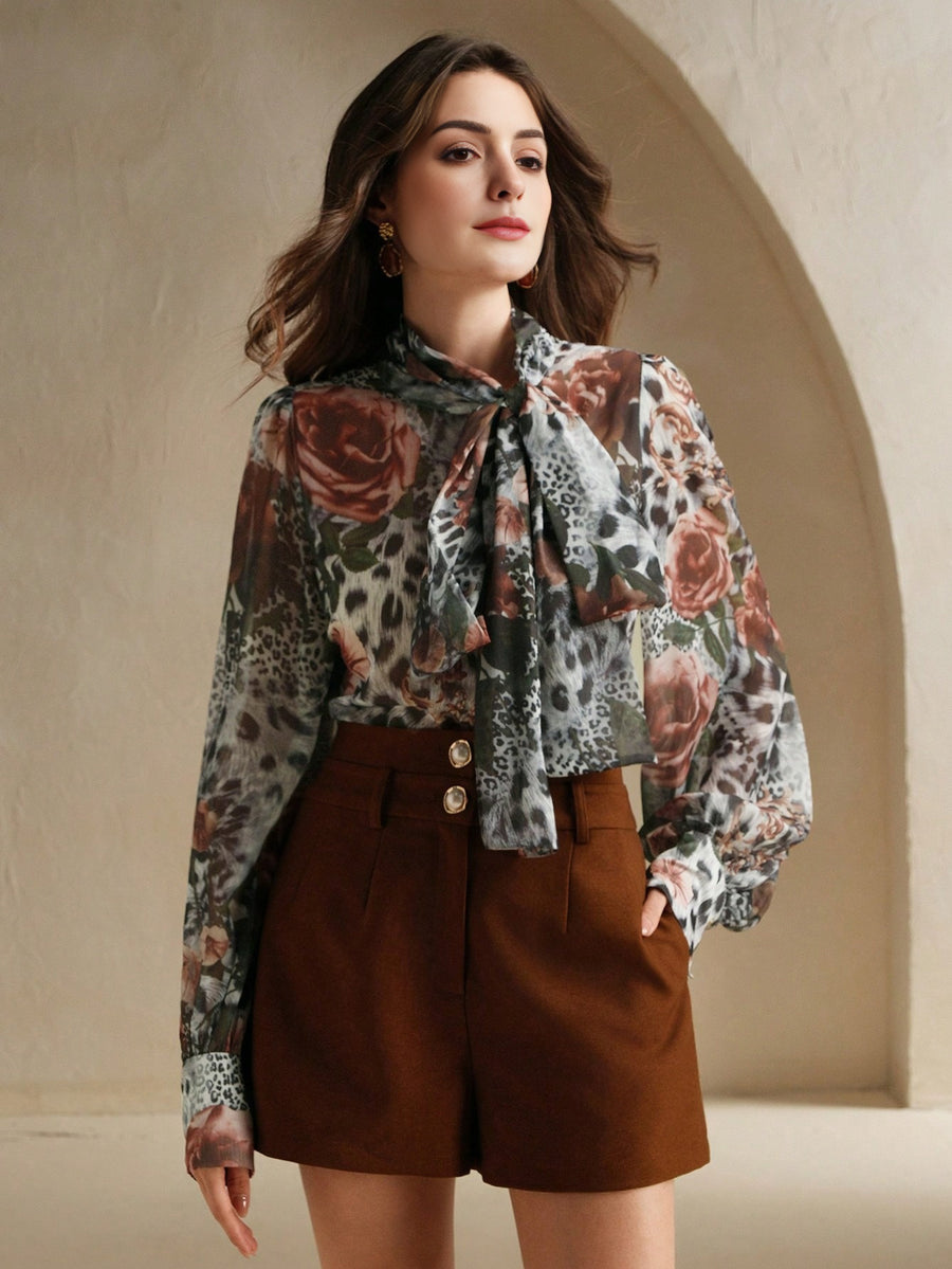 Isabella Women's Floral & Leopard Print Bow Collar Blouse