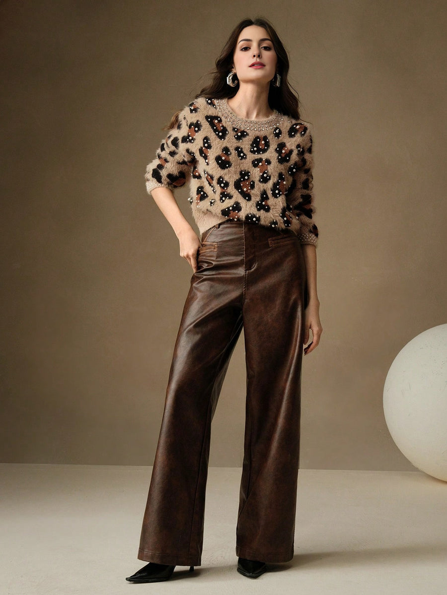 Isabella Leopard Print Beaded Crew Neck Long Sleeve Sweater