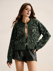 Isabella Stylish Bow Knot Rhinestone Vintage Leopard Knit Cardigan