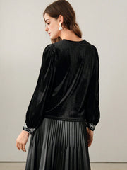 Isabella Early Autumn Elegant V-Neck Lantern Sleeve Velvet Blouse