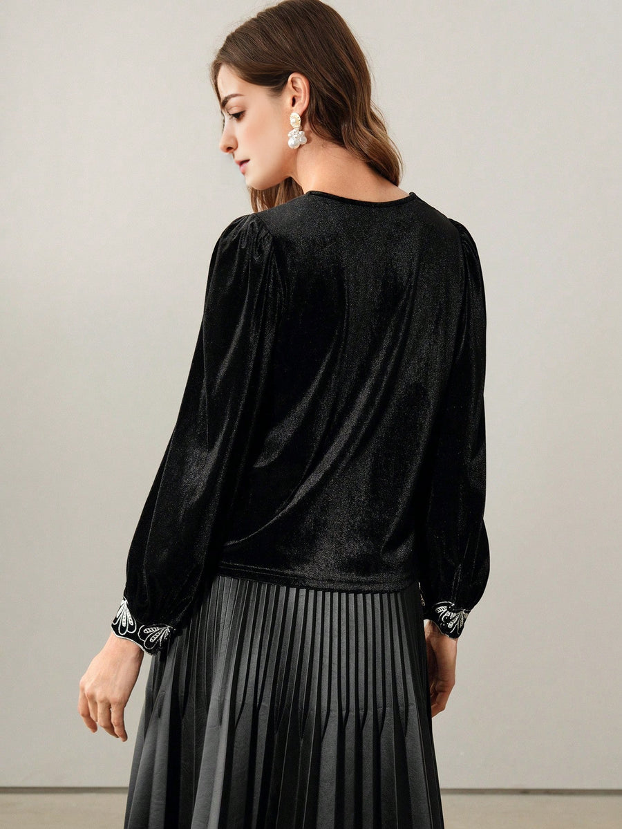 Isabella Early Autumn Elegant V-Neck Lantern Sleeve Velvet Blouse