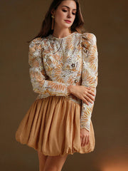 Isabella Elegant High-Collar Gigot Sleeve Princess Style Peplum Mini Dress