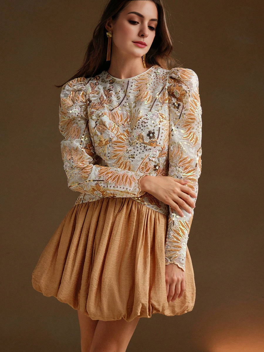 Isabella Elegant High-Collar Gigot Sleeve Princess Style Peplum Mini Dress