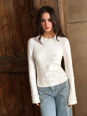 Isabella Pearl Embellished Flared Sleeve Knit Elegant Sweater