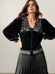 Isabella Early Autumn Elegant V-Neck Lantern Sleeve Velvet Blouse
