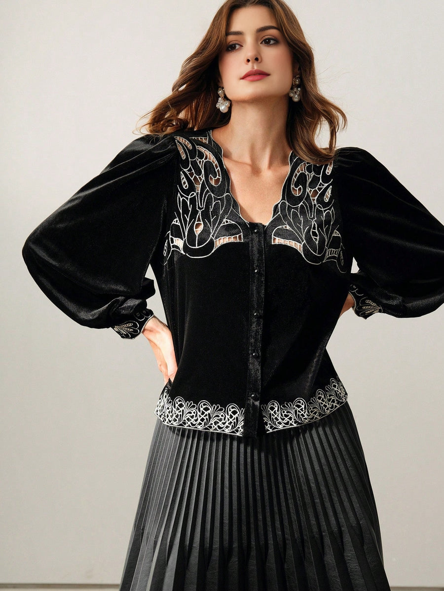 Isabella Early Autumn Elegant V-Neck Lantern Sleeve Velvet Blouse