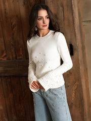 Isabella Pearl Embellished Flared Sleeve Knit Elegant Sweater