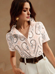 Isabella Embroidery Blue Short Sleeve Blouse For Women