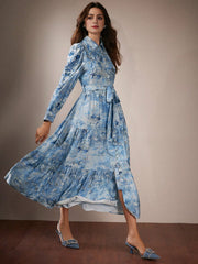 Isabella Women's Button Collar Long Sleeve Floral Print Elegant Vacation Dress
