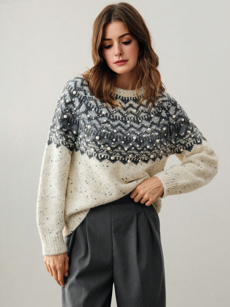 Isabella Retro Studded Floral Round Neck Sweater