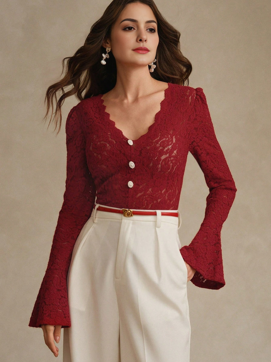 Isabella Sexy Hollow V-Neck Flare Sleeve Elegant Blouse