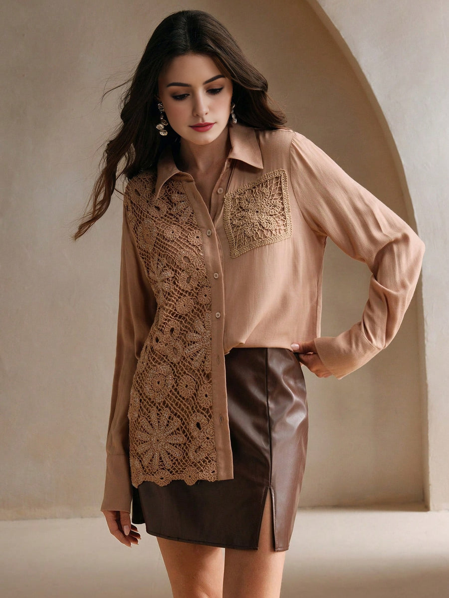 Isabella Long Sleeve Sequin & Water Soluble Splice Elegant Shirt