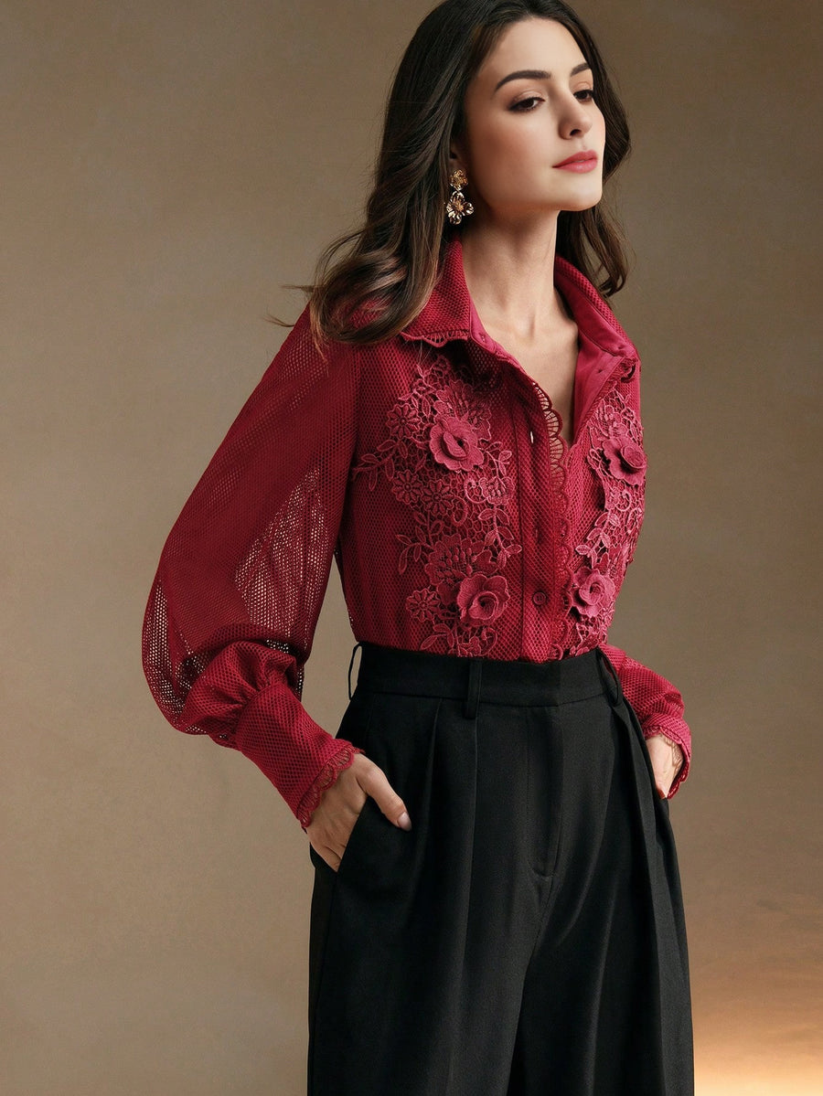 Isabella Elegant Ruffled Lace 3D Floral Blouse