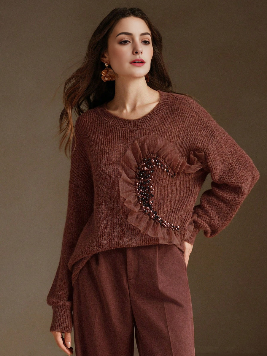 Isabella Net Mesh & Pearl Splice Premium Crew Neck Pullover Sweater
