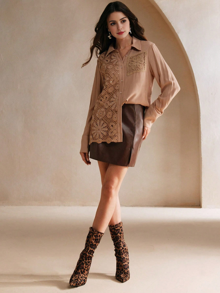 Isabella Long Sleeve Sequin & Water Soluble Splice Elegant Shirt