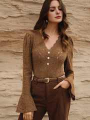 Isabella Sexy Hollow V-Neck Flare Sleeve Elegant Blouse