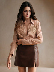 Isabella Long Sleeve Sequin & Water Soluble Splice Elegant Shirt