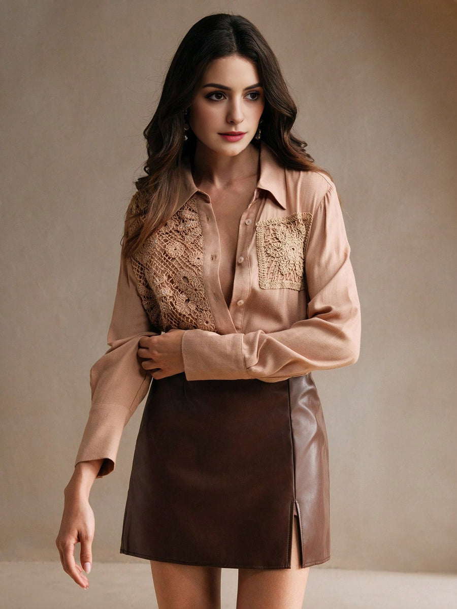 Isabella Long Sleeve Sequin & Water Soluble Splice Elegant Shirt