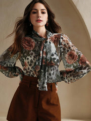 Isabella Women's Floral & Leopard Print Bow Collar Blouse