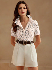 Isabella Embroidery Blue Short Sleeve Blouse For Women